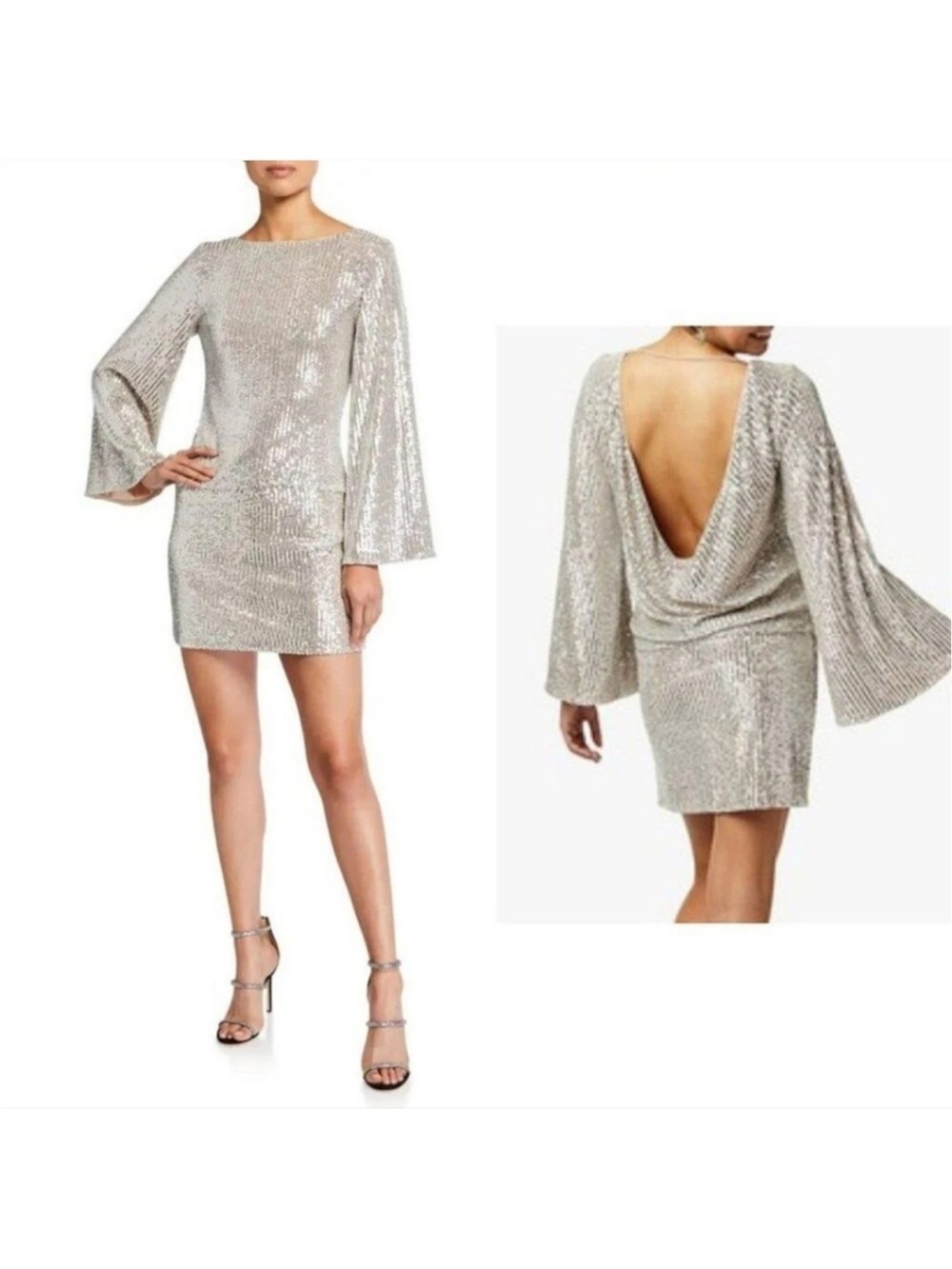 Mestiza Sequin Open-Back Mini Dress in Silver Size Large NWT.